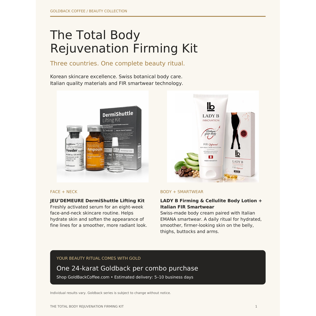 The Total Body Rejuvenation Firming Kit brochure featuring JEU'DEMEURE DermiShuttle Lifting Kit and LADY B Firming Body Lotion with Italian FIR Smartwear