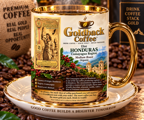 Goldback Coffee Honduras Medium Roast Organic 12oz mug with gold accents