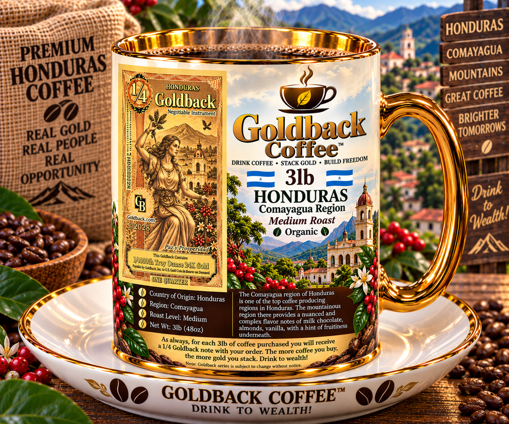Goldback Coffee Honduras Comayagua Region Medium Roast Organic 3lb mug with gold accents