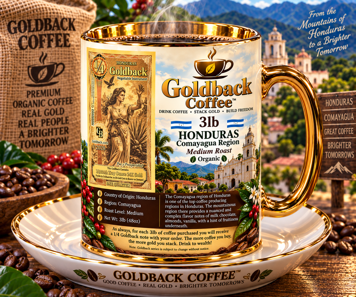 Goldback Coffee Honduras Comayagua Region Medium Roast Organic 3lb mug with gold accents