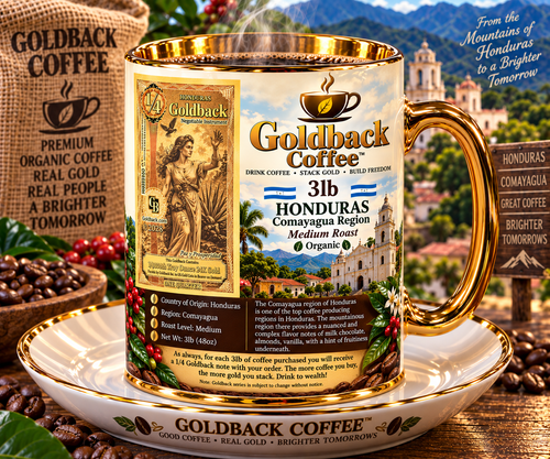 Goldback Coffee Honduras Comayagua Region Medium Roast Organic 3lb mug with gold accents