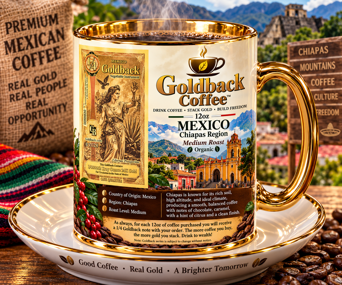Goldback Coffee Mexico Chiapas Region Medium Roast Organic 12oz mug with gold accents