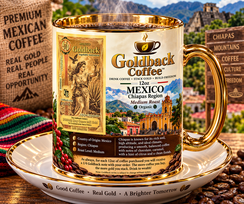 Goldback Coffee Mexico Chiapas Region Medium Roast Organic 12oz mug with gold accents