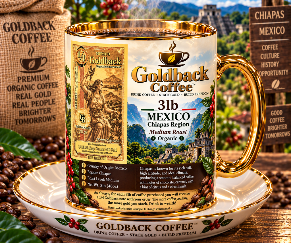 Goldback Coffee Mexico Chiapas Region Medium Roast Organic 3lb mug with gold accents