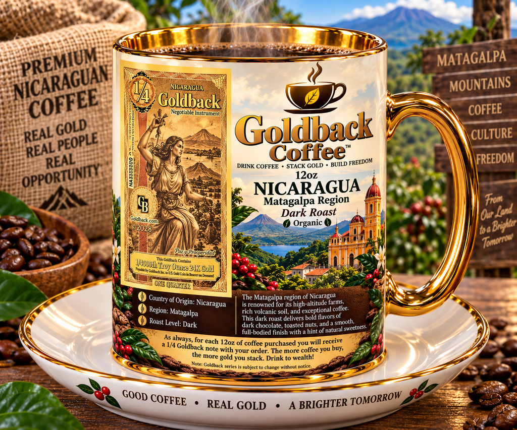 Goldback Coffee Nicaragua Matagalpa Region Dark Roast Organic 12oz mug with gold accents