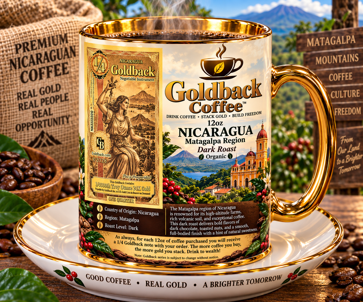 Goldback Coffee Nicaragua Matagalpa Region Dark Roast Organic 12oz mug with gold accents