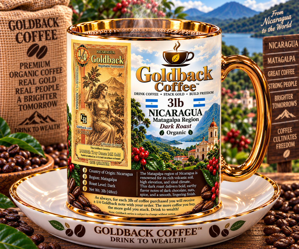 Goldback Coffee Nicaragua Matagalpa Region Dark Roast Organic 3lb mug with gold accents