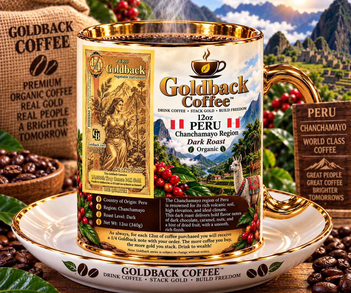 Goldback Coffee Peru Chanchamayo Region Dark Roast Organic 12oz mug with gold accents