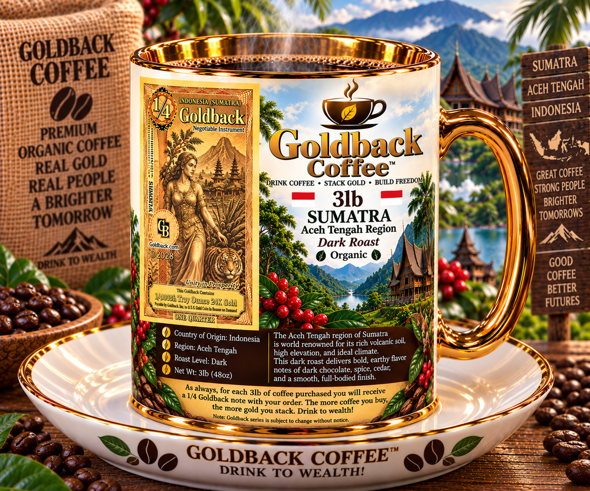 Goldback Coffee Sumatra Aceh Tengah Region Dark Roast Organic 3lb mug with gold accents