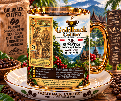 Goldback Coffee Sumatra Aceh Tengah Region Dark Roast Organic 3lb mug with gold accents