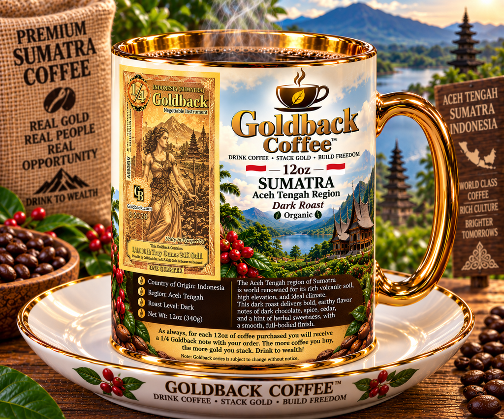 Goldback Coffee Sumatra Aceh Tengah Region Dark Roast Organic 12oz mug with gold accents