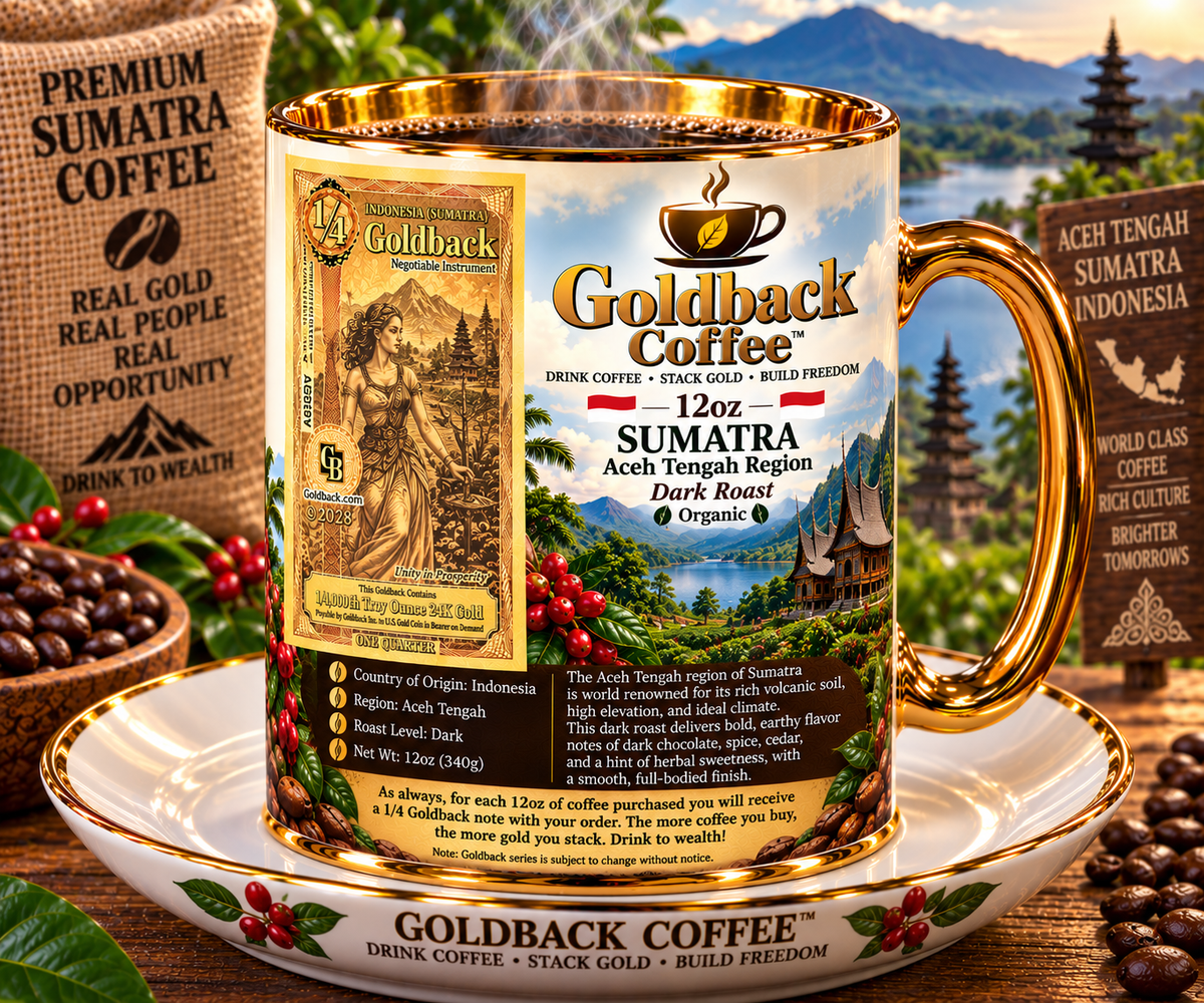 Goldback Coffee Sumatra Aceh Tengah Region Dark Roast Organic 12oz mug with gold accents